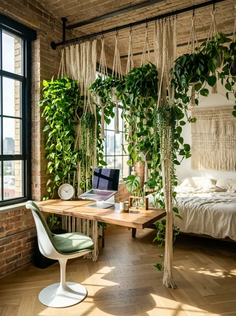 Macrame rope plant hangers dividing a bed and desk area.