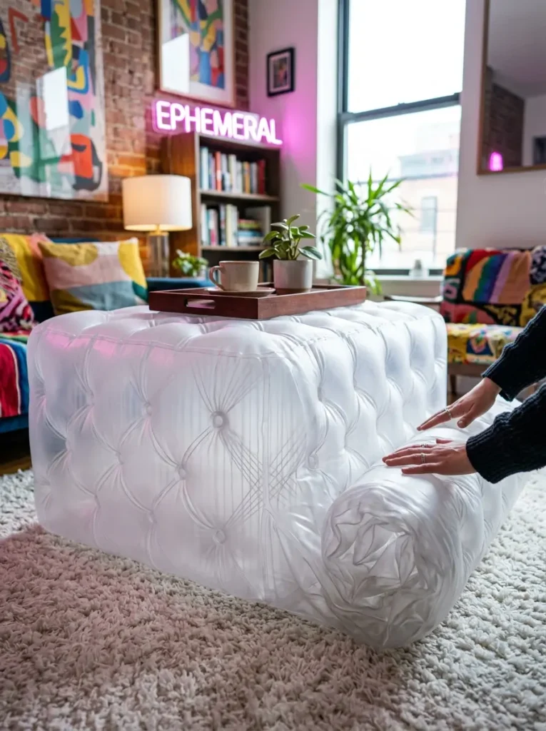 Inflatable Tufted White Ottoman White inflatable tufted ottoman being rolled up by human hands on a rug.