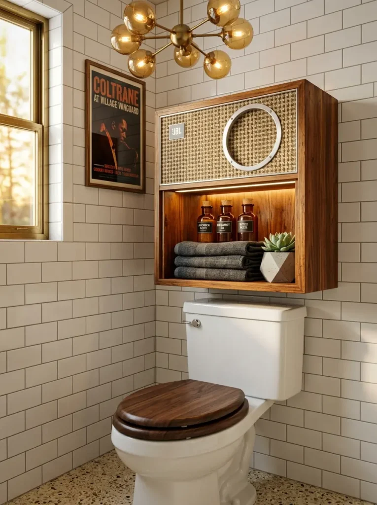 Vintage speaker grill cabinet in a walnut frame holding bottles over a toilet