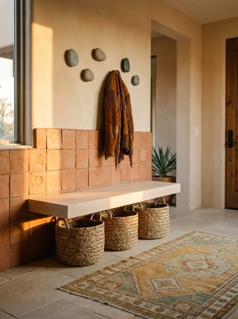 Square terracotta tiles form a half wall behind a floating wooden bench and three woven storage baskets.