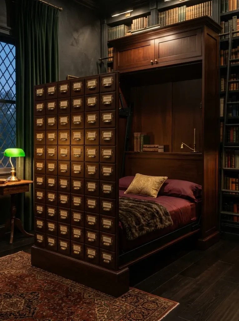 Vintage Library Card Catalog Vintage wooden library card catalog cabinet that opens to reveal a dark affordable murphy bed alcove.