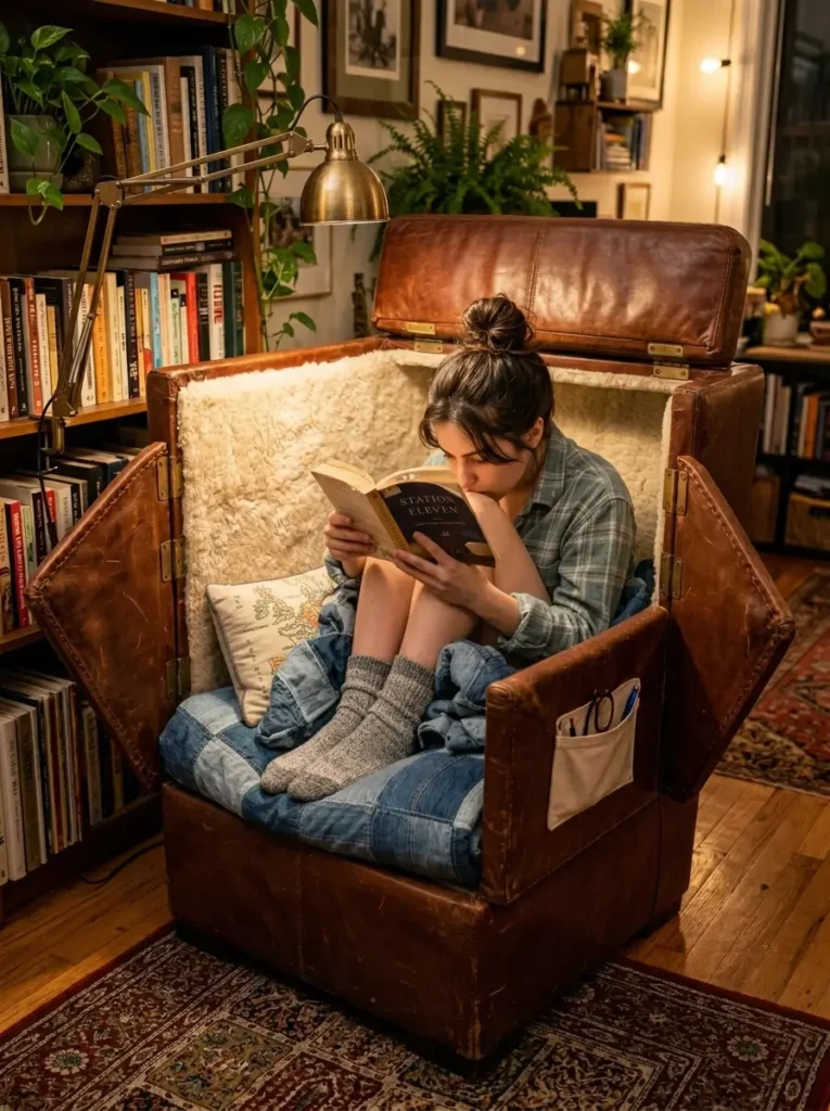 Suitcase Armchair Woman reading inside a leather chair shaped like a large vintage suitcase.