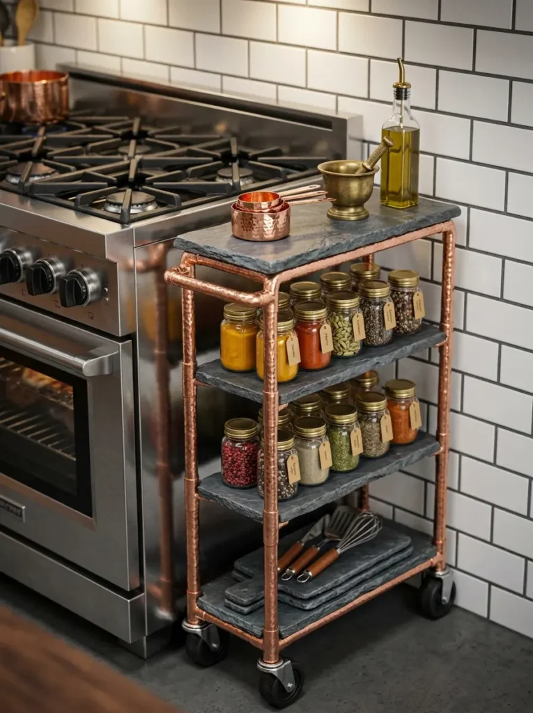 Industrial copper pipe cart holding tiered slate spice shelves