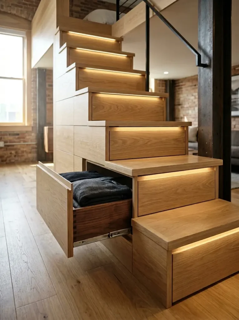 Wooden Stairs With Drawers Wooden staircase with built in storage drawers pulled open to reveal gray folded blankets.