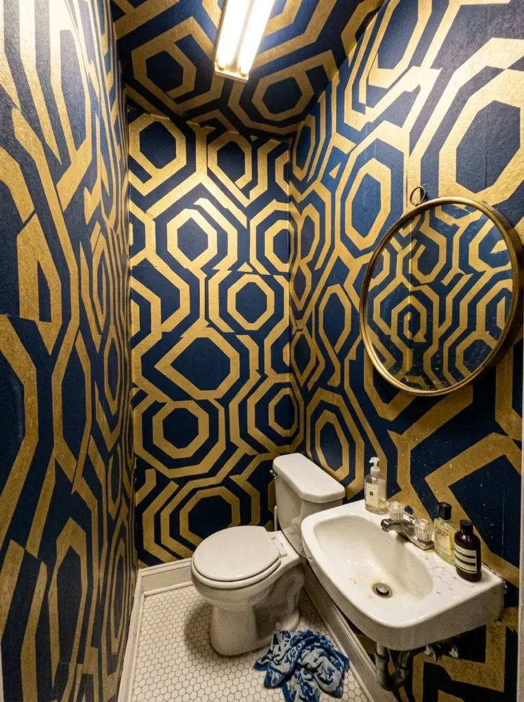  Extremely small powder room covered in a loud confusing blue and gold geometric wallpaper pattern