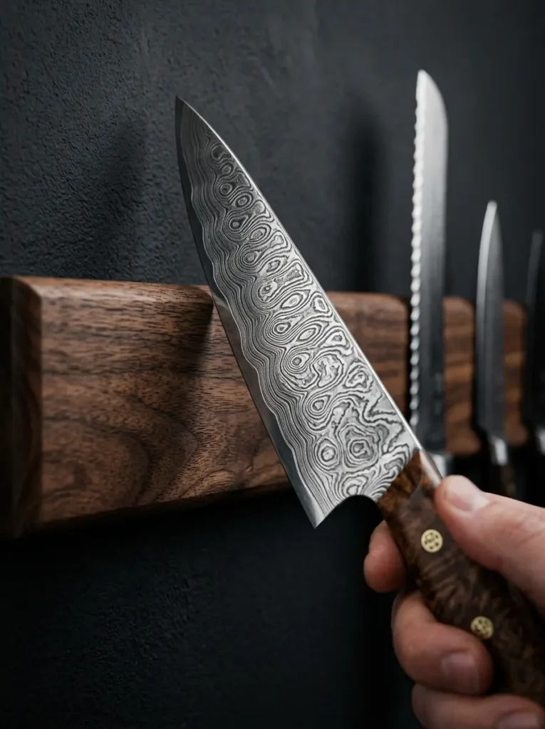 A hand attaches a patterned steel chef blade to a wooden magnetic wall mount.