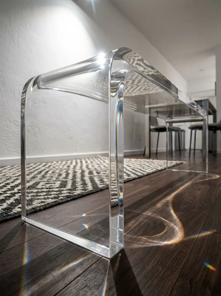Thick Clear Acrylic Dining Bench Clear thick acrylic dining bench showing the wood floor and rug beneath it