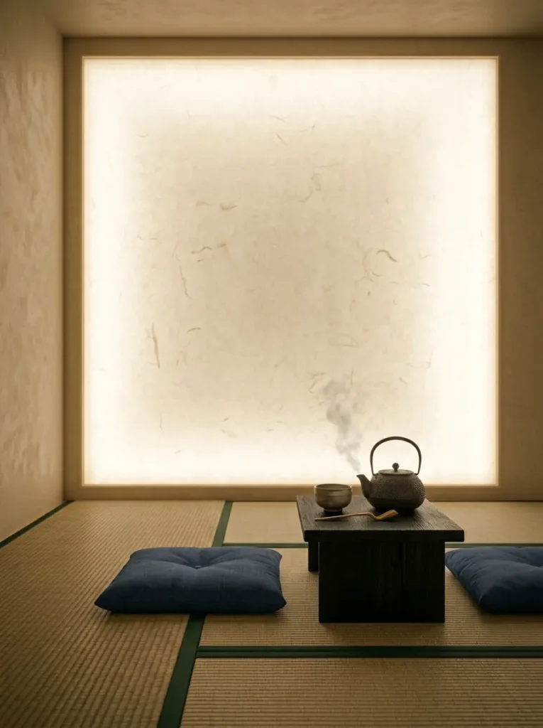 Backlit Japanese shoji screen wall acting as soft lighting for dark apartments.