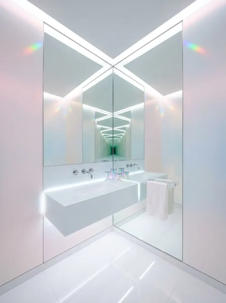 Pearl White Iridescent Bathroom Prismatic pearl white bathroom with large corner mirrors