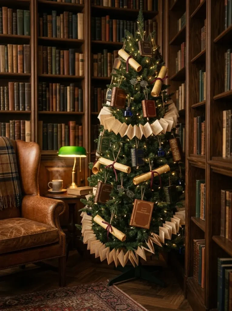 Green Christmas tree decorated with folded paper page garlands rolled parchment scrolls and classic books