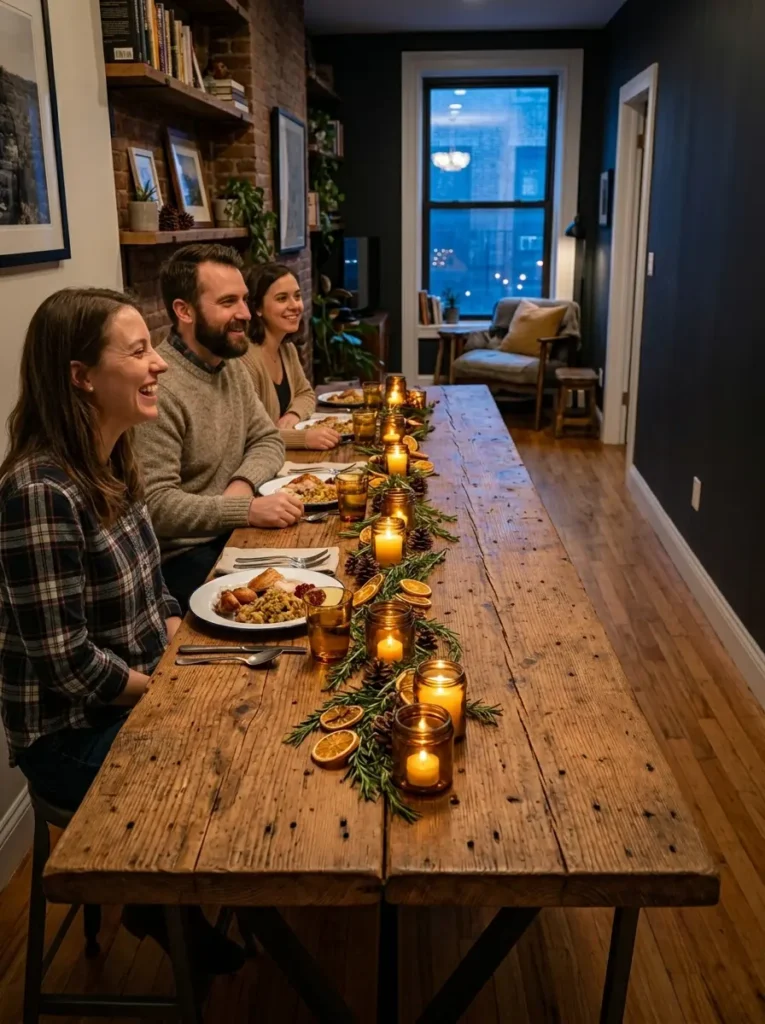 Long narrow rustic wooden table placed against a wall with guests sitting side by side