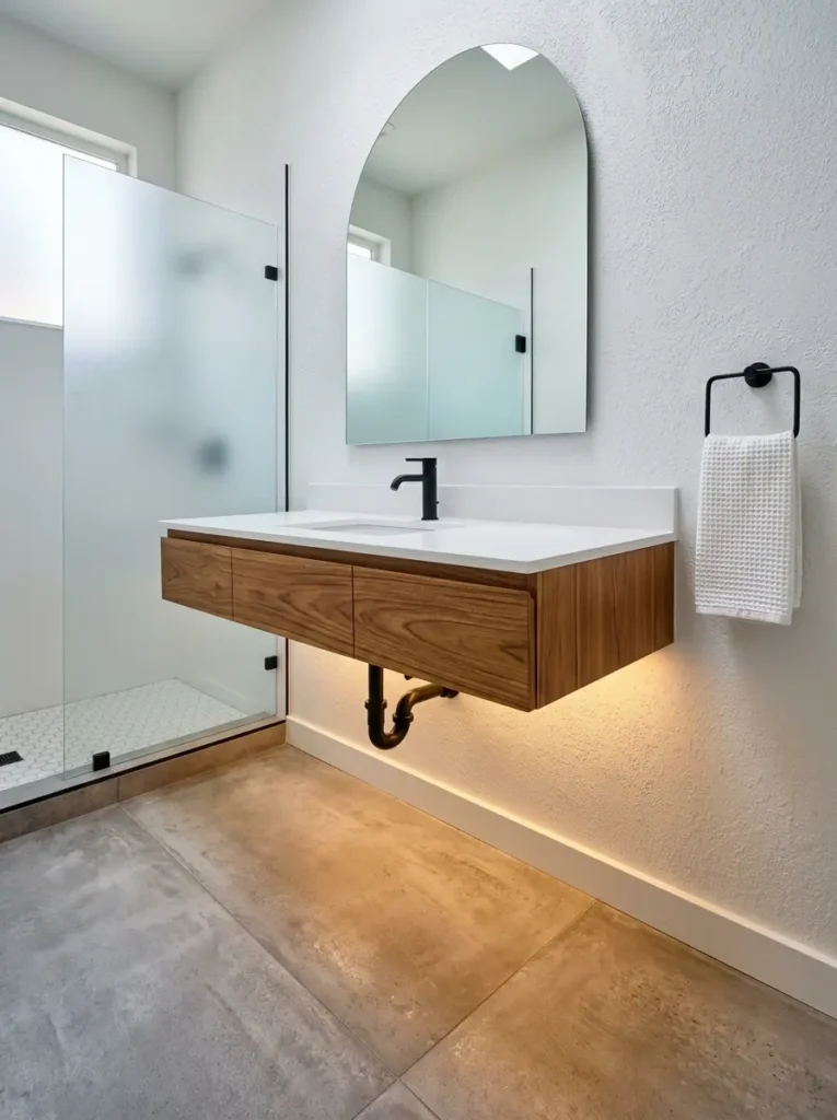 Wooden cabinet with two drawers hovers above a concrete floor illuminated by glowing lights underneath.