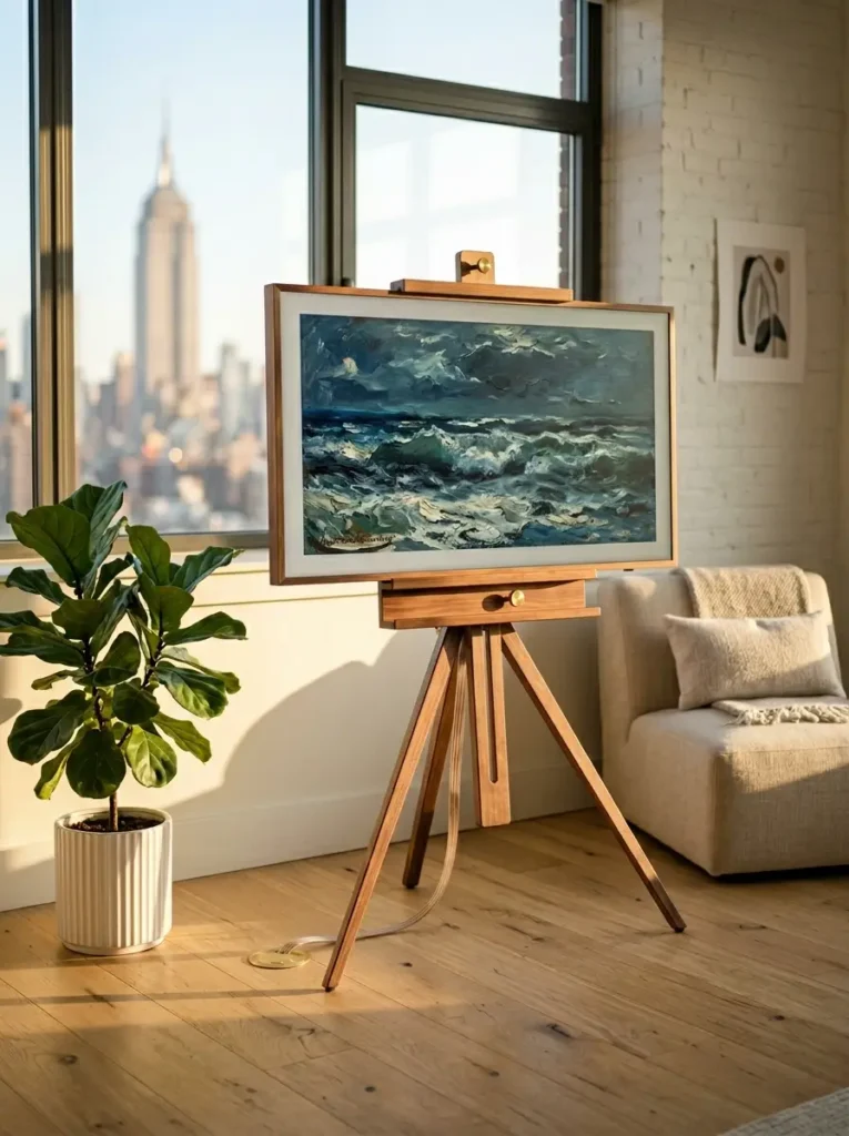 Wooden artist easel stand holds a framed monitor for a movable small living room tv wall.