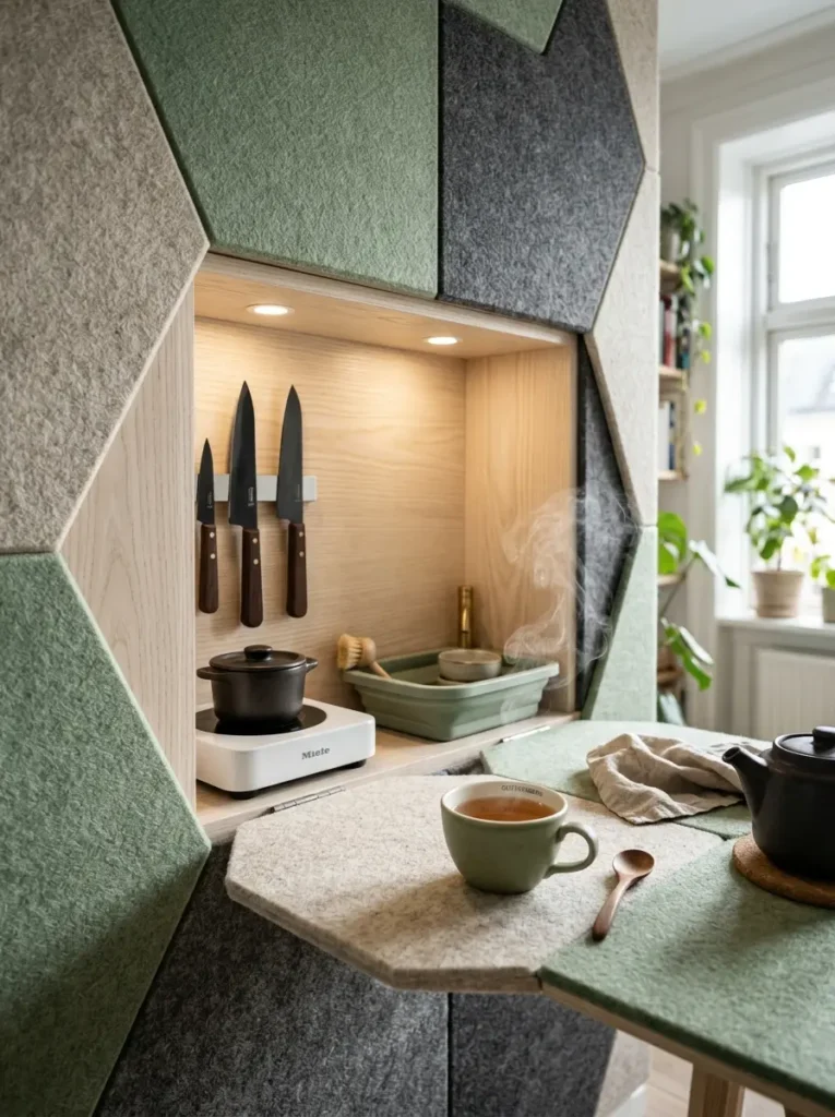 Geometric acoustic felt wall panels in green and grey, with one folded down to act as a table, revealing a small kitchen niche inside.