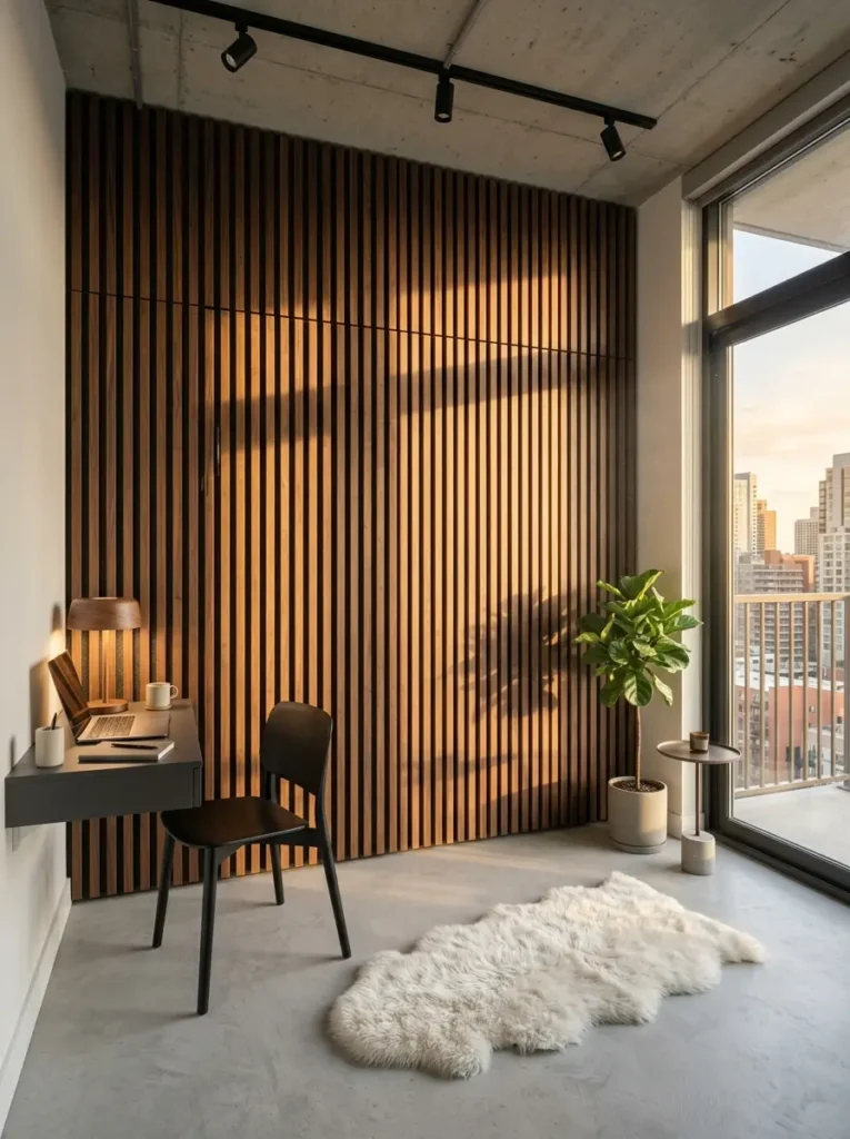 Vertical walnut slats covering a wall from floor to ceiling concealing a hidden bed in a minimal studio apartment near a small desk.