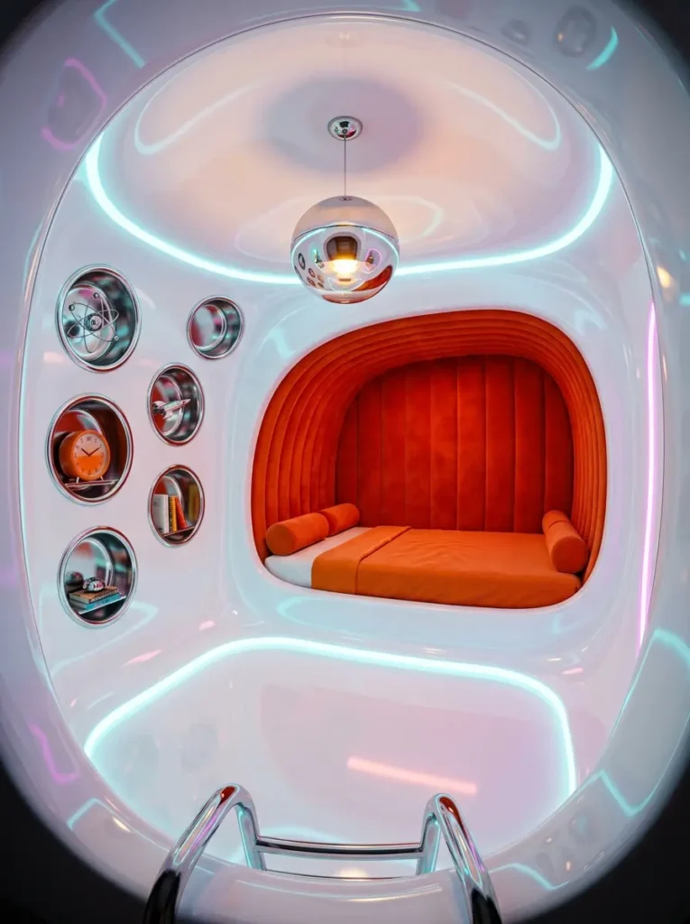 Smooth white retro futuristic sleeping pod featuring a recessed orange velvet bed area and glowing cyan neon trim