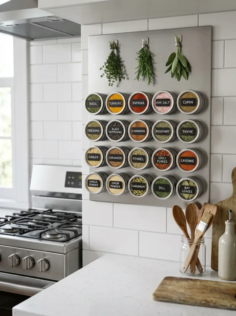 Small round spice tins attach magnetically to a stainless steel panel.