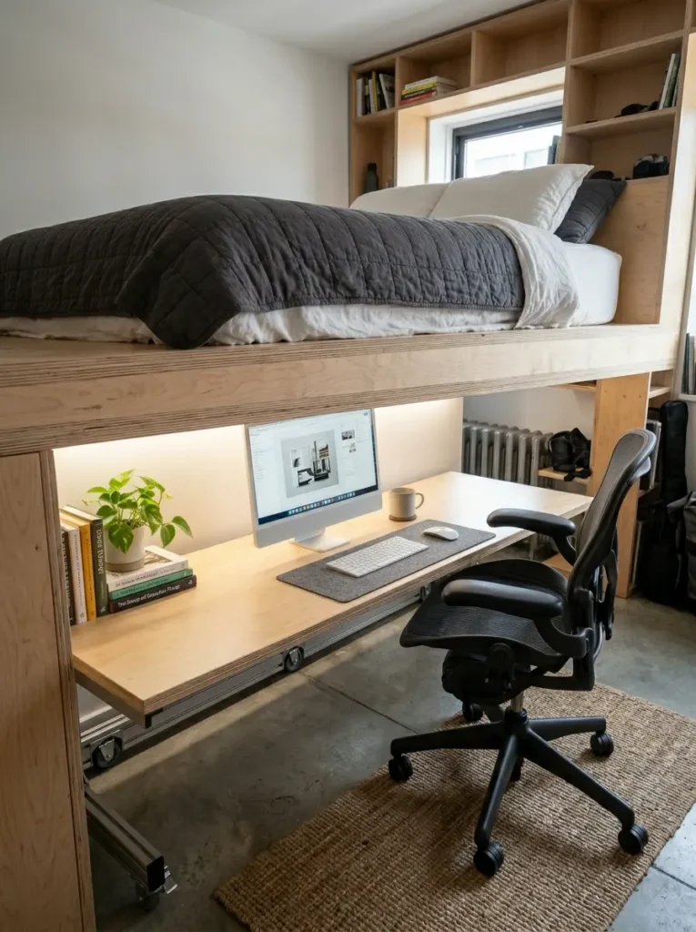 Large wooden loft bed with a white desk and chair underneath.