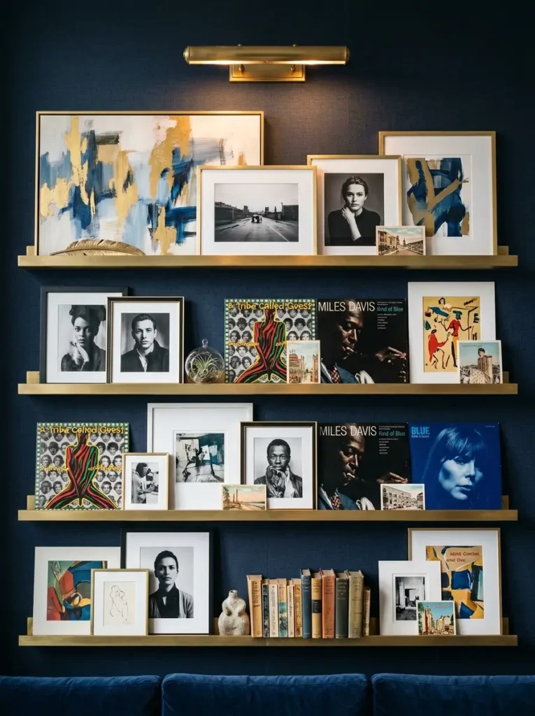 Four horizontal brass wall ledges holding layered framed art and vintage records against a navy wall.