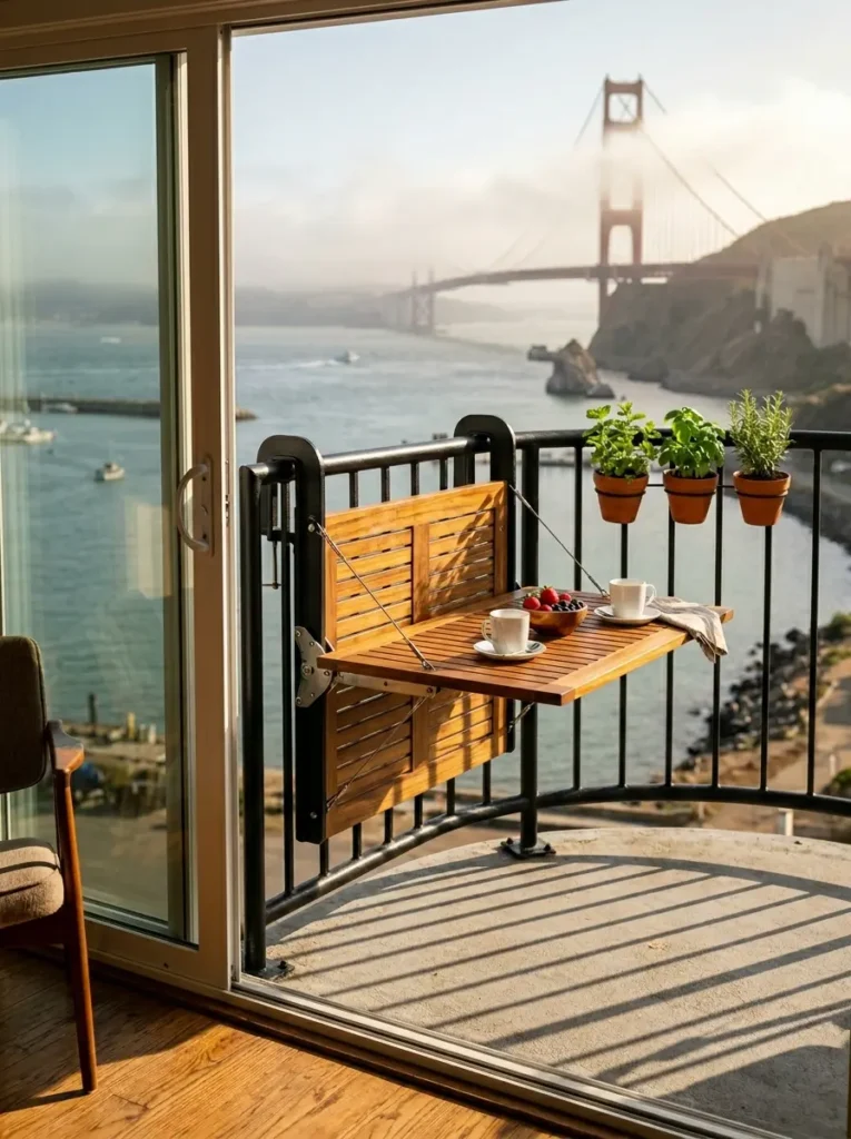 Balcony Railing Clamped Fold Down Ledge Slatted wooden fold down space saving dining table clamped to a black metal balcony railing overlooking water.