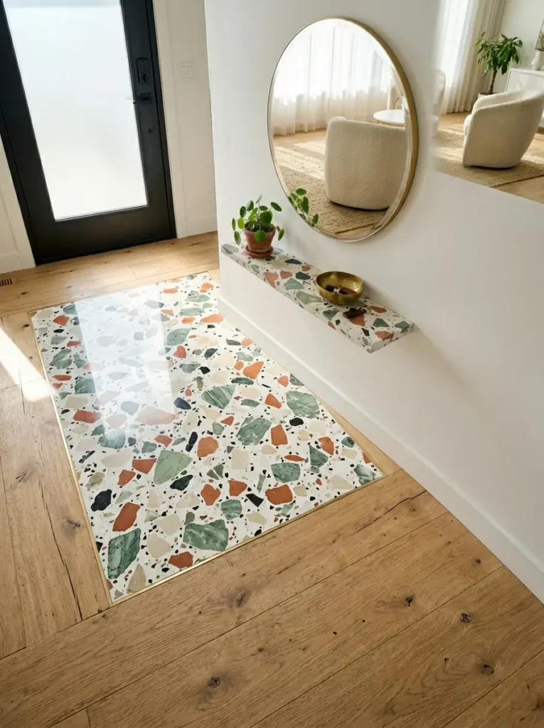 Rectangular terrazzo tile inlay with green and rust fragments defines the entryway floor next to oak boards.