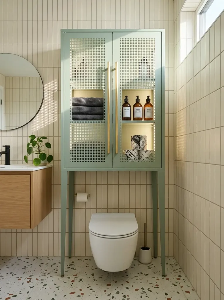 Tall mint green metal cabinet with perforated doors standing on thin legs