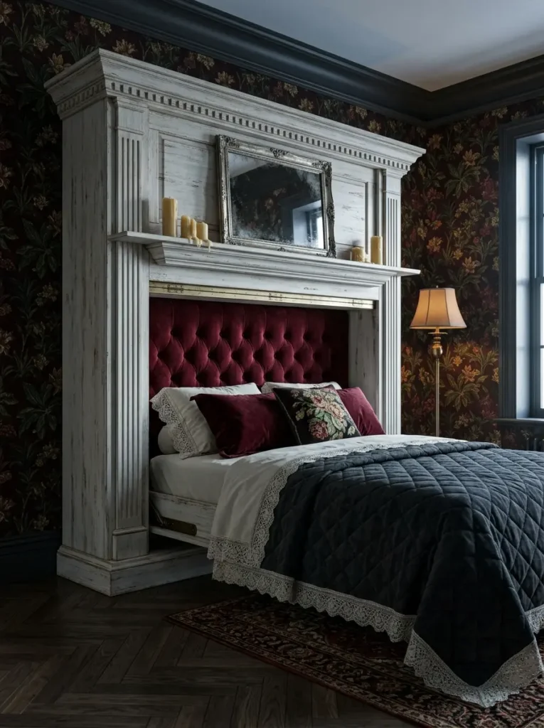 Whitewashed Fireplace Mantel Bed Whitewashed historical fireplace mantel design with an ornate silver mirror and hidden affordable murphy bed.