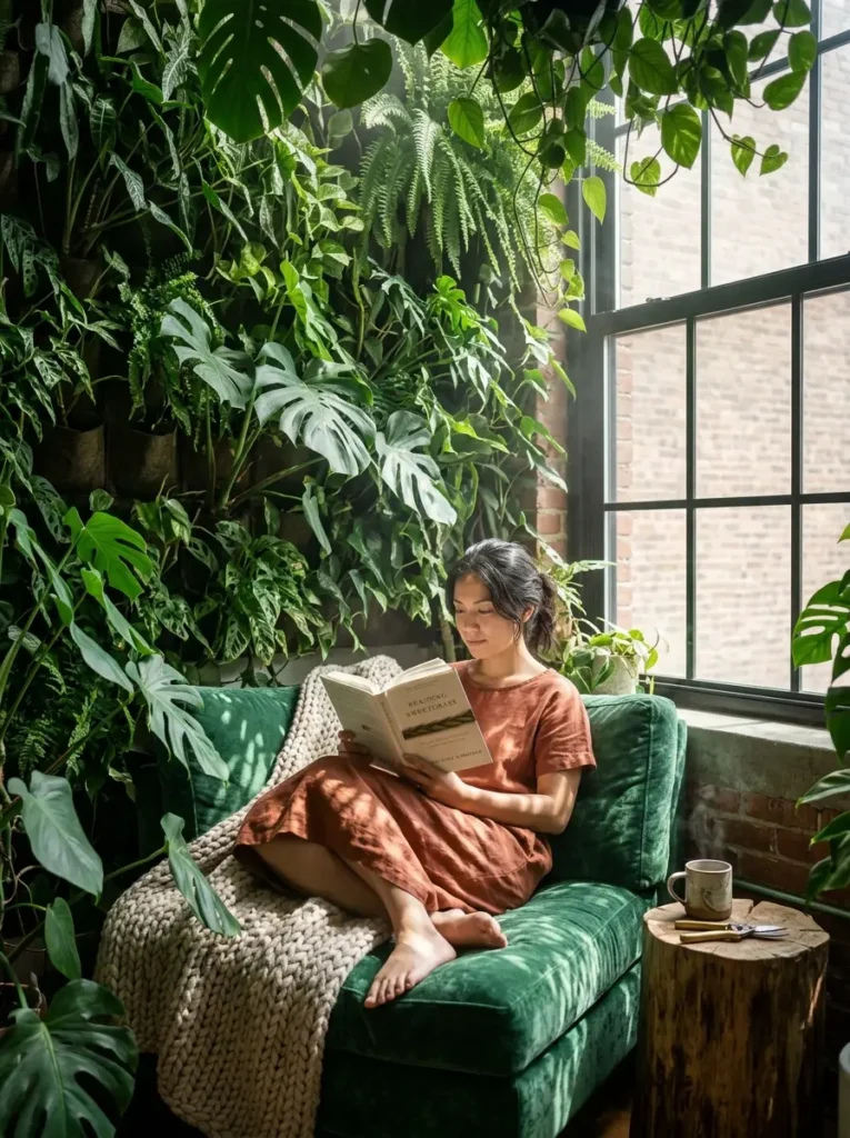 Plant Wall Oasis Woman reading in a green velvet chair next to a large indoor plant wall.