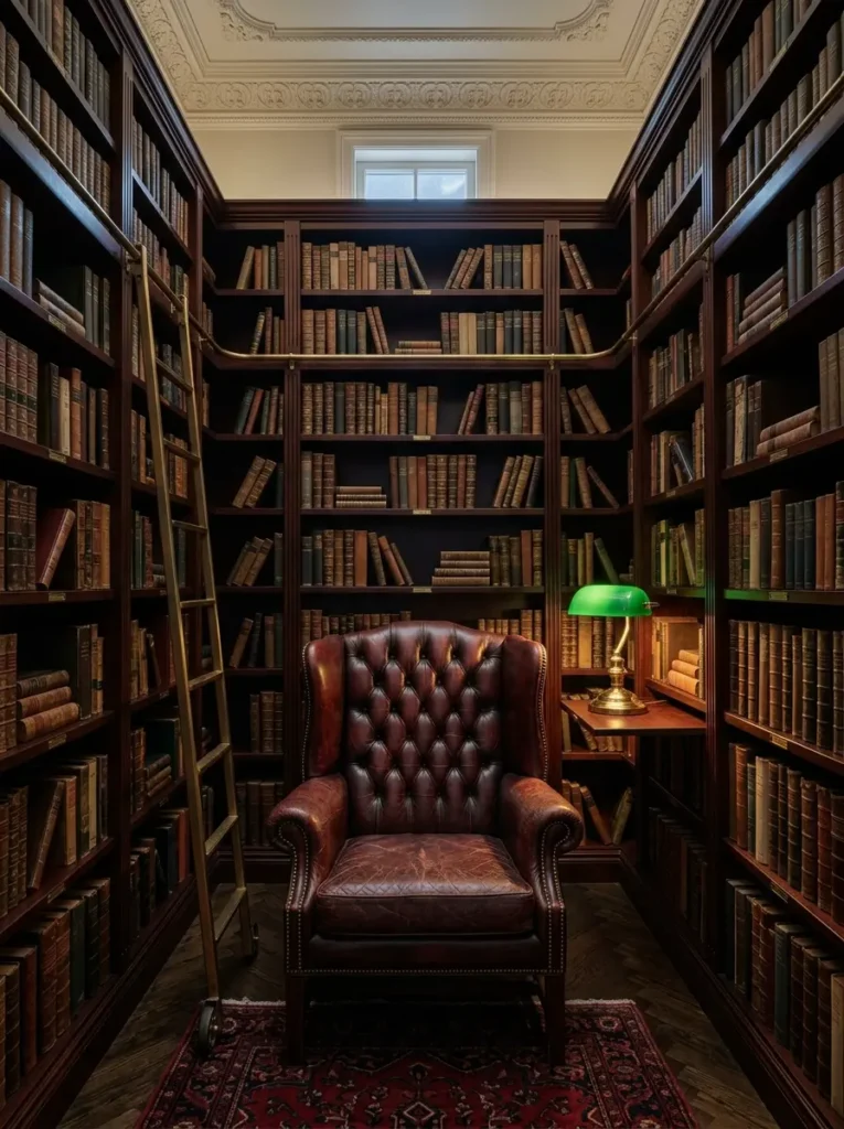 Floor to Ceiling Bookshelves Small library room completely wrapped in tall dark wood bookshelves with a red leather chair.