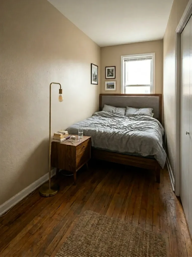 Large bed pushed tightly between two parallel walls in a very narrow bedroom leaving barely any walking space