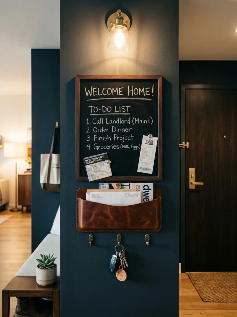 A dark chalkboard displays a handwritten task list above leather mail pockets and brass key hooks.
