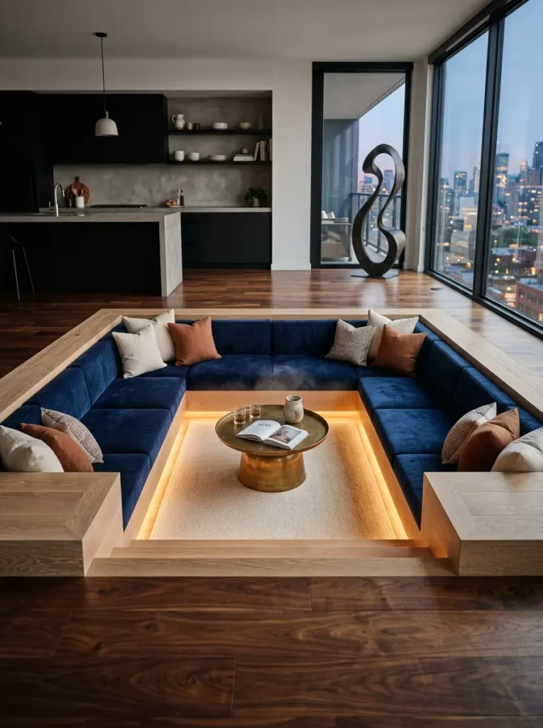 Sunken Velvet Conversation Pit Recessed square seating area built into a wood floor lined with deep blue velvet cushions
