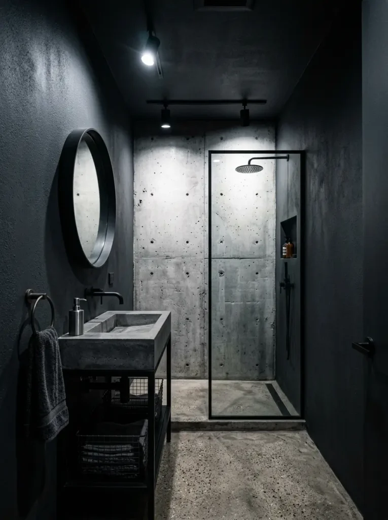 Charcoal Grey Industrial Washroom Dark grey walls with concrete trough sink and black fixtures