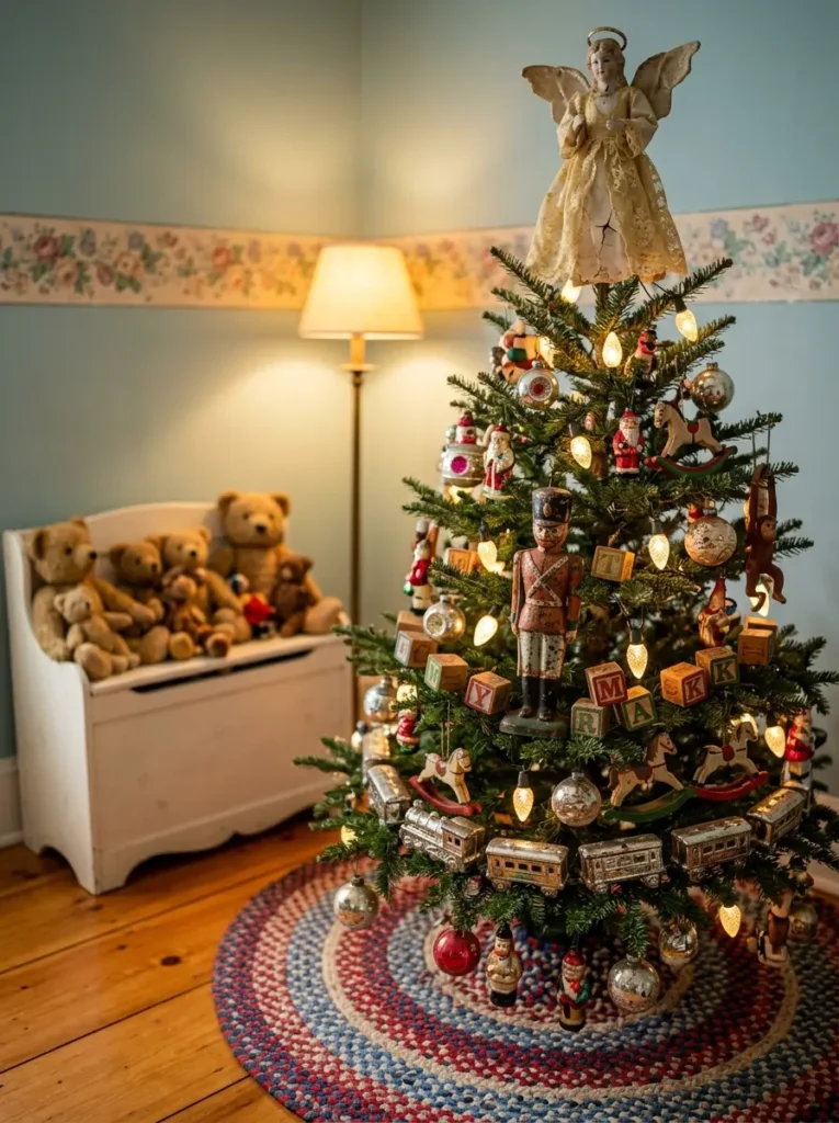 Christmas tree adorned with antique wooden blocks tin soldiers and classic glass train ornaments