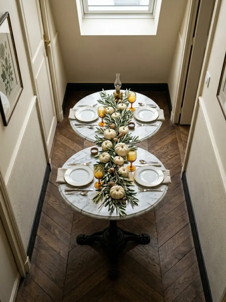 Two round white marble bistro tables pushed together end to end in a narrow hallway