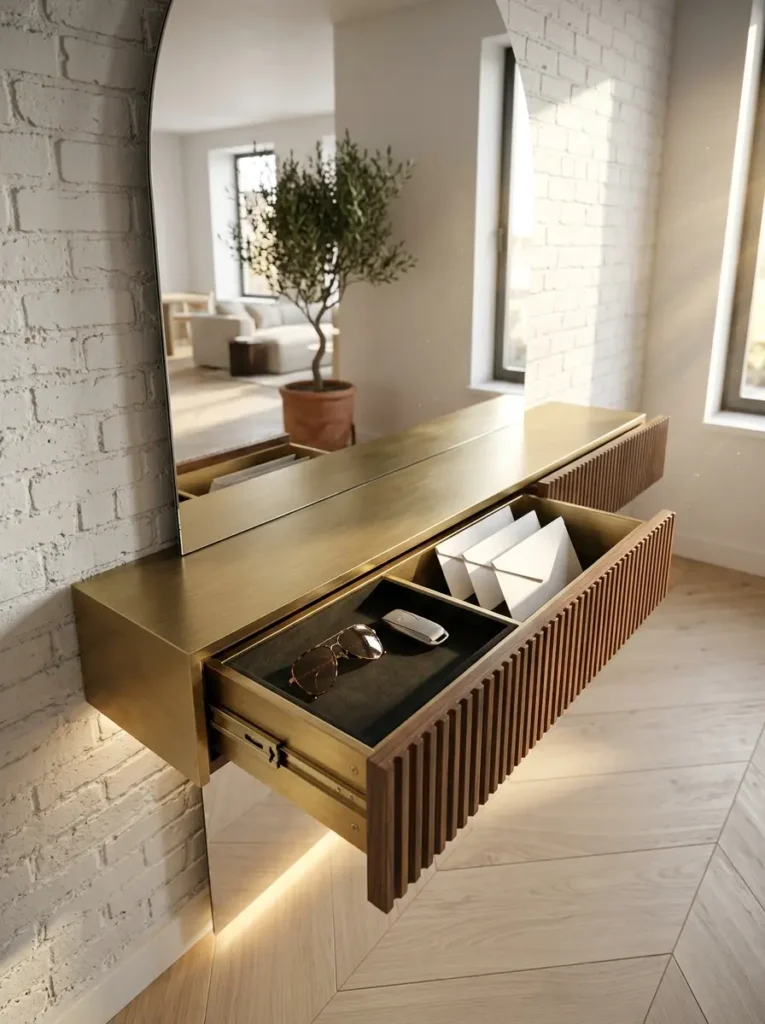 Metallic brass console on a white brick wall opens to reveal black velvet trays holding sunglasses and keys.