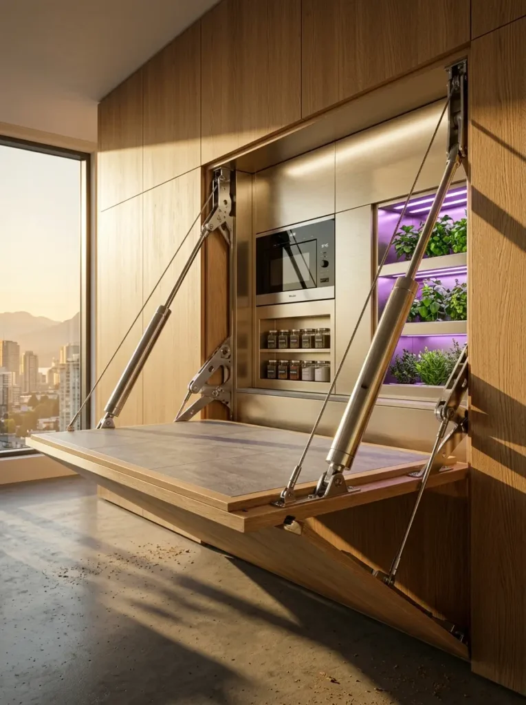 A large wood wall panel folded down horizontally, supported by heavy metal hydraulic arms, revealing a stainless steel kitchen with purple grow lights.