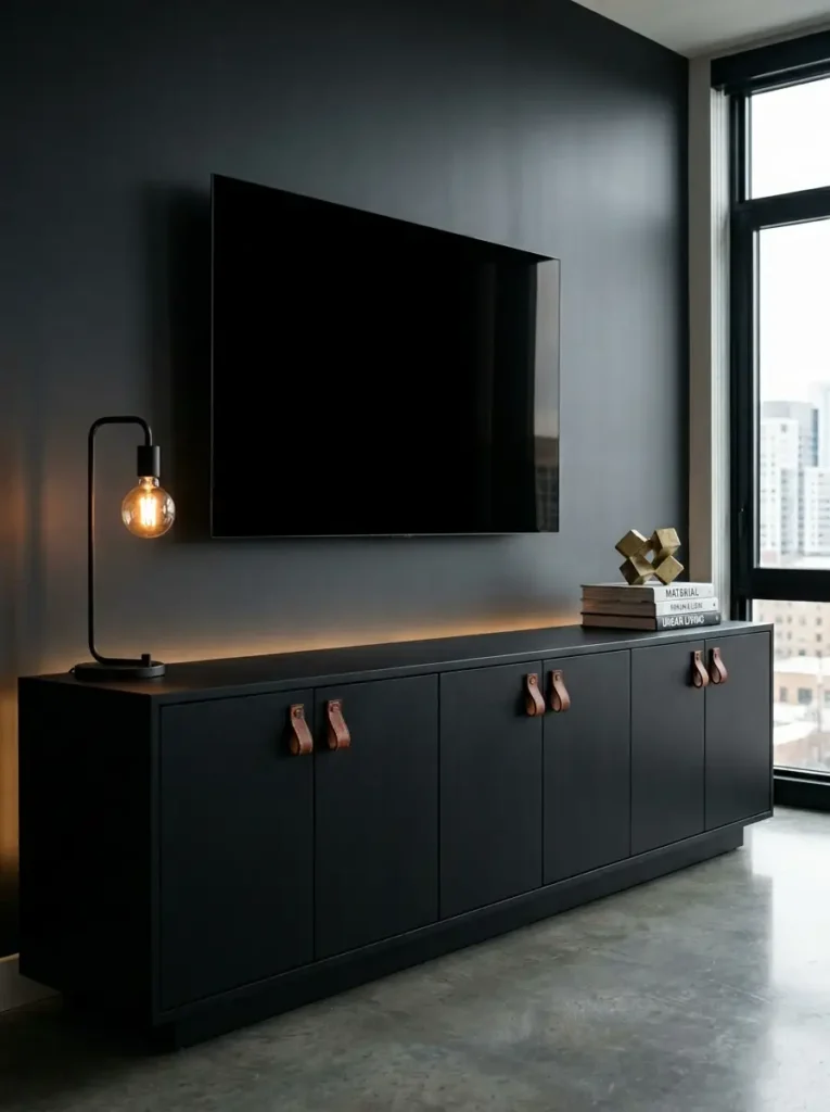 Matte black console with leather pulls against a dark small living room tv wall.