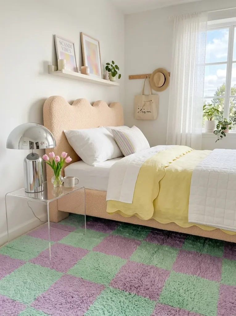Playful room featuring a wavy peach colored headboard with a pastel green and purple checkered rug on the floor