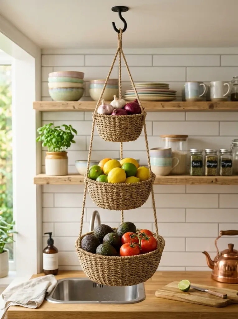 Tiered woven baskets hang above a kitchen sink holding citrus.