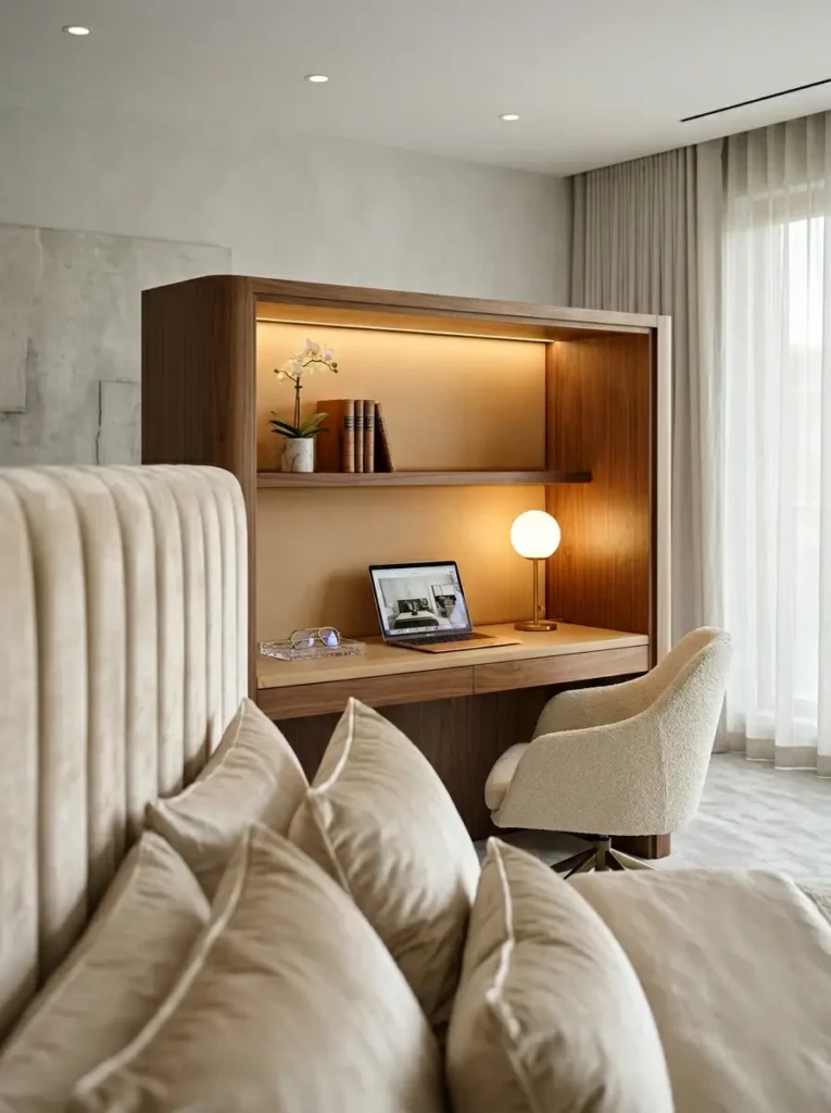 Wood headboard that doubles as a desk on the opposite side.