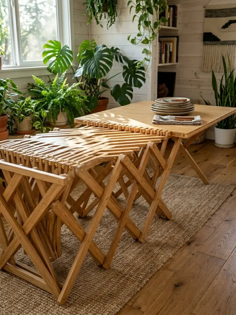 Expandable Bamboo Accordion Table Light wood table with a flexible accordion lattice base expanding to a larger size.