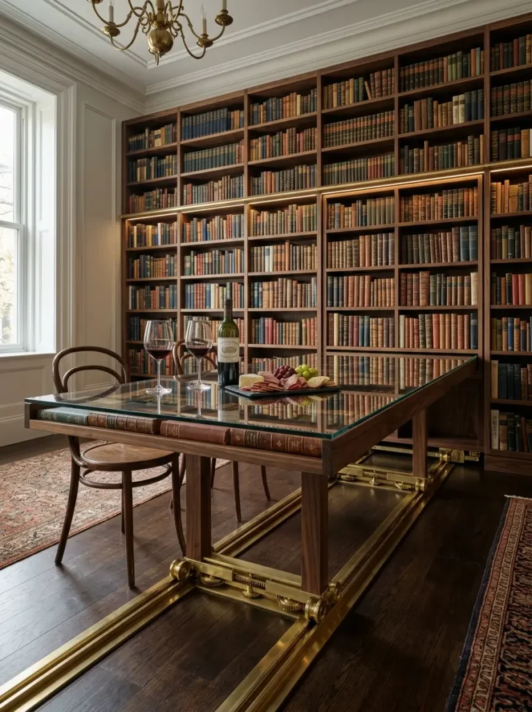 Library Bookshelf Horizontal Sliding Glass Pane Glass top slide out space saving dining table extending horizontally from a massive wooden bookshelf.