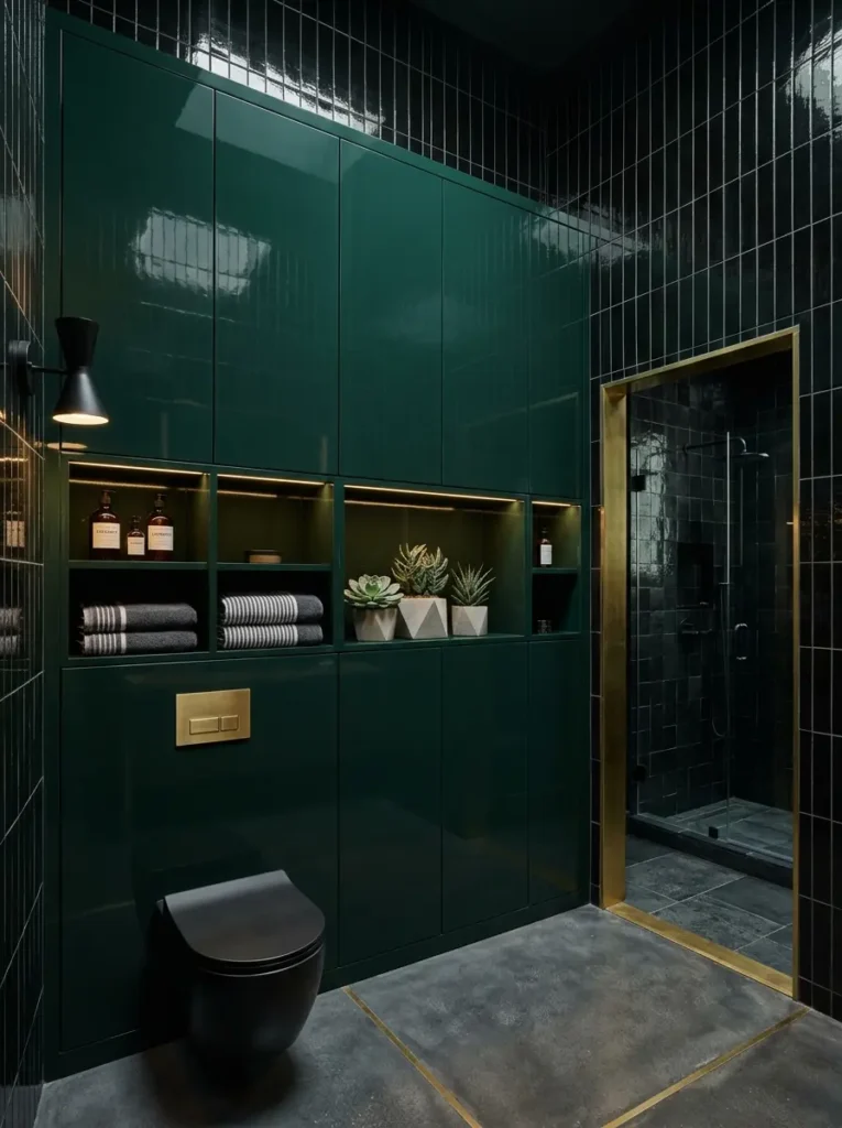 Massive high gloss dark green built in cabinet wall above a black toilet