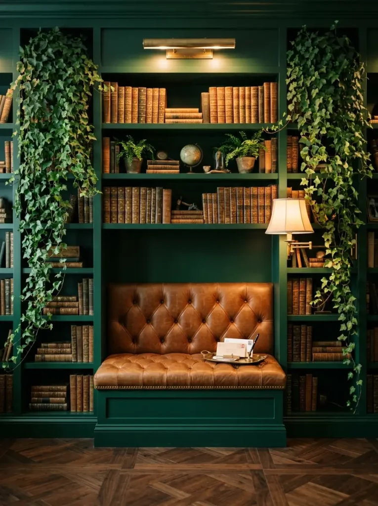 Emerald green bookcases surround a tufted brown leather bench with trailing ivy and a brass reading lamp.