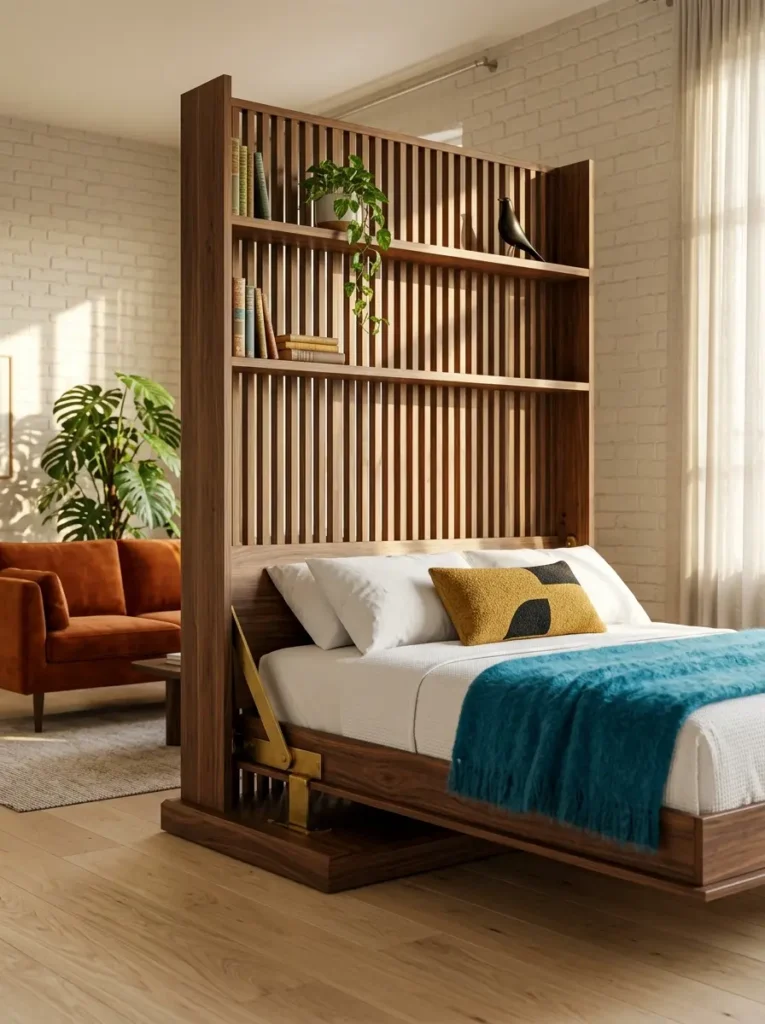 Room Divider Slatted Headboard Walnut slatted room divider with built in shelves that pivots outward to provide an affordable murphy bed.