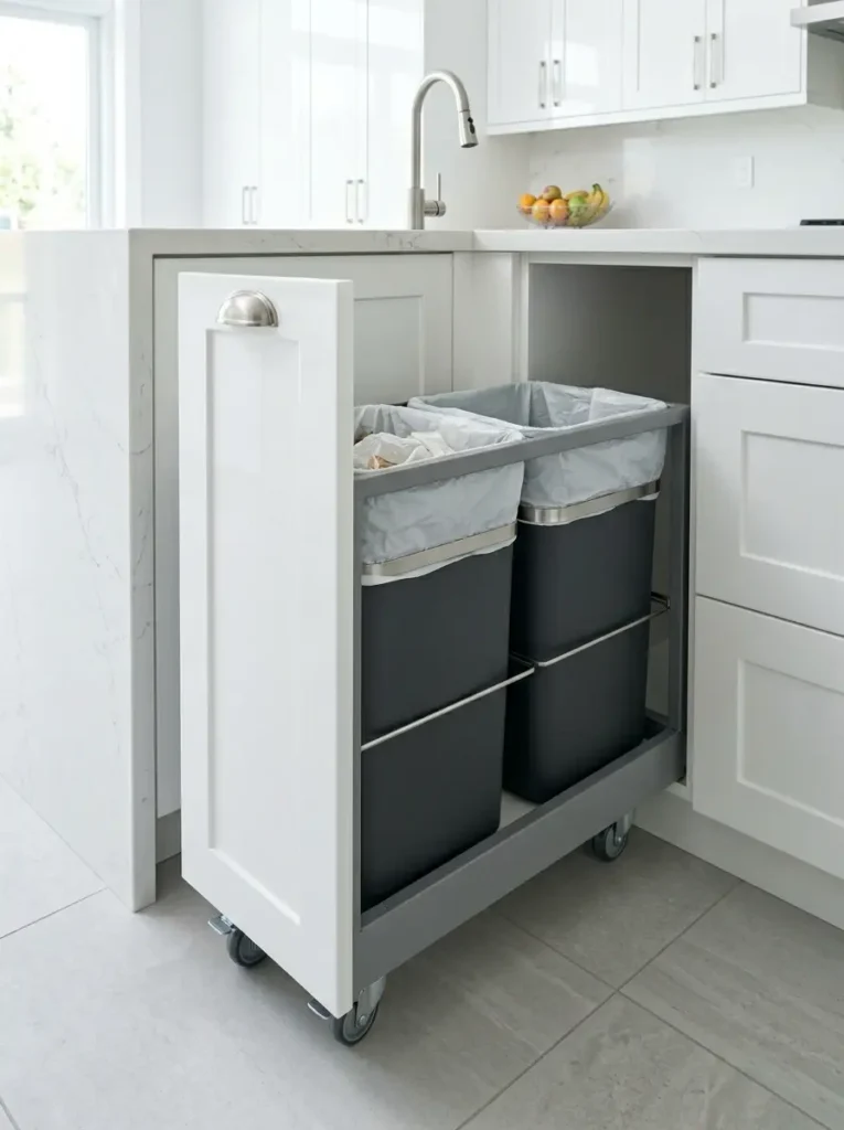 Slim white rolling cabinet pulling out to reveal two black trash bins