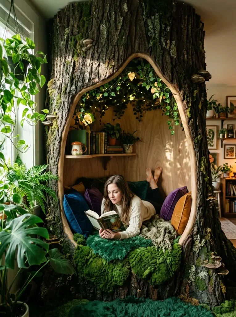 Hollowed Tree Trunk Woman lying down reading a book inside a hollowed out artificial tree trunk.