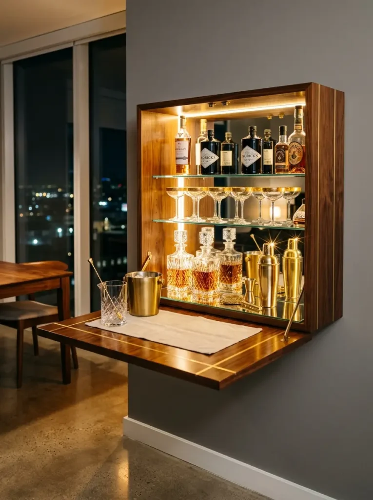Wall Mounted Fold Down Bar Wall mounted walnut liquor cabinet with a fold down front panel serving as a bar counter.