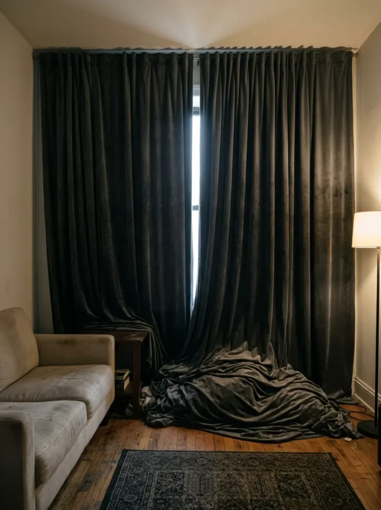 Solid dark grey blackout curtains pulled shut over a living room window creating a very dark and gloomy atmosphere